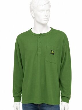 John Deere Green Long-Sleeve Henley with Chest Pocket
